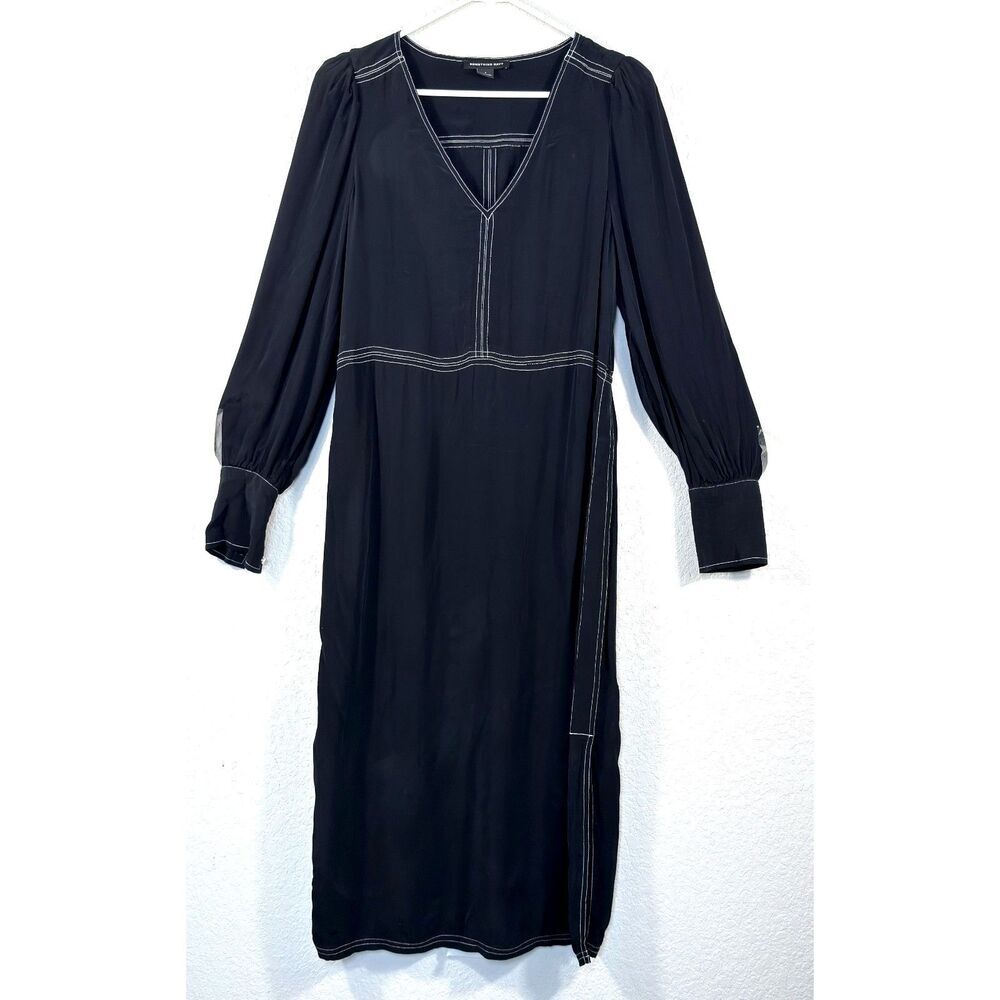 Something Navy Black Contrast Stitch V-Neck Midi Dress Long Sleeve Size Small S⁠